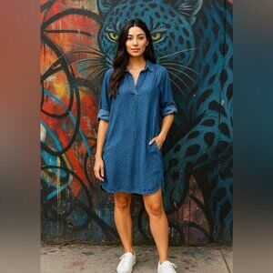 Andrea Jovine Chambray Animal Print Tencel Shirt Dress Indigo Blue Size Large